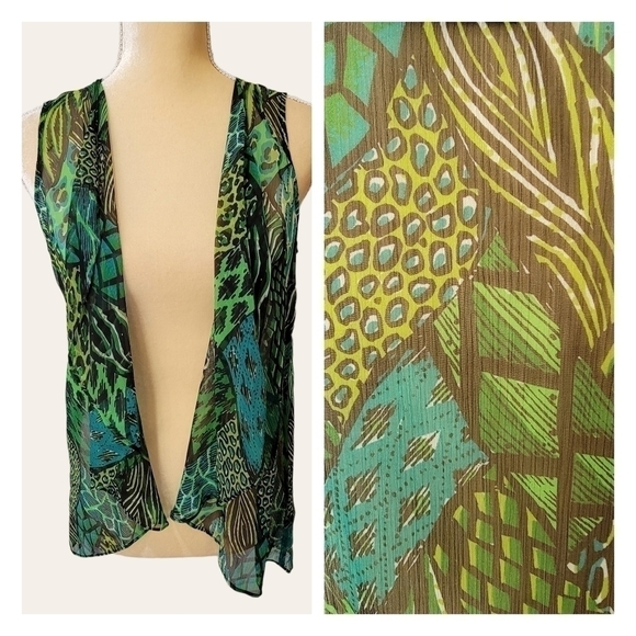 BOB MACKIE 𝅺Wearable Art Vest Sheer Green Mixed Media Print XS - Picture 1 of 5